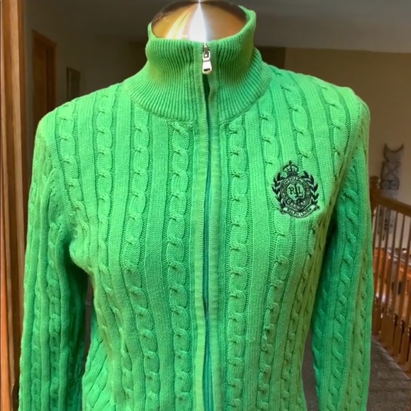 Ralph Lauren cable knit full zip lime green and navy blue sweater Medium - Picture 17 of 17